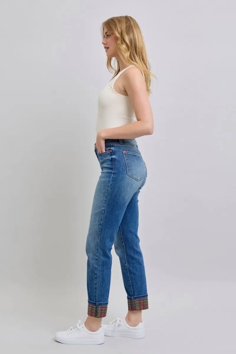 Judy Blue Full Size Plaid Print Cuff Straight Leg Jeans with Pockets - Love Salve